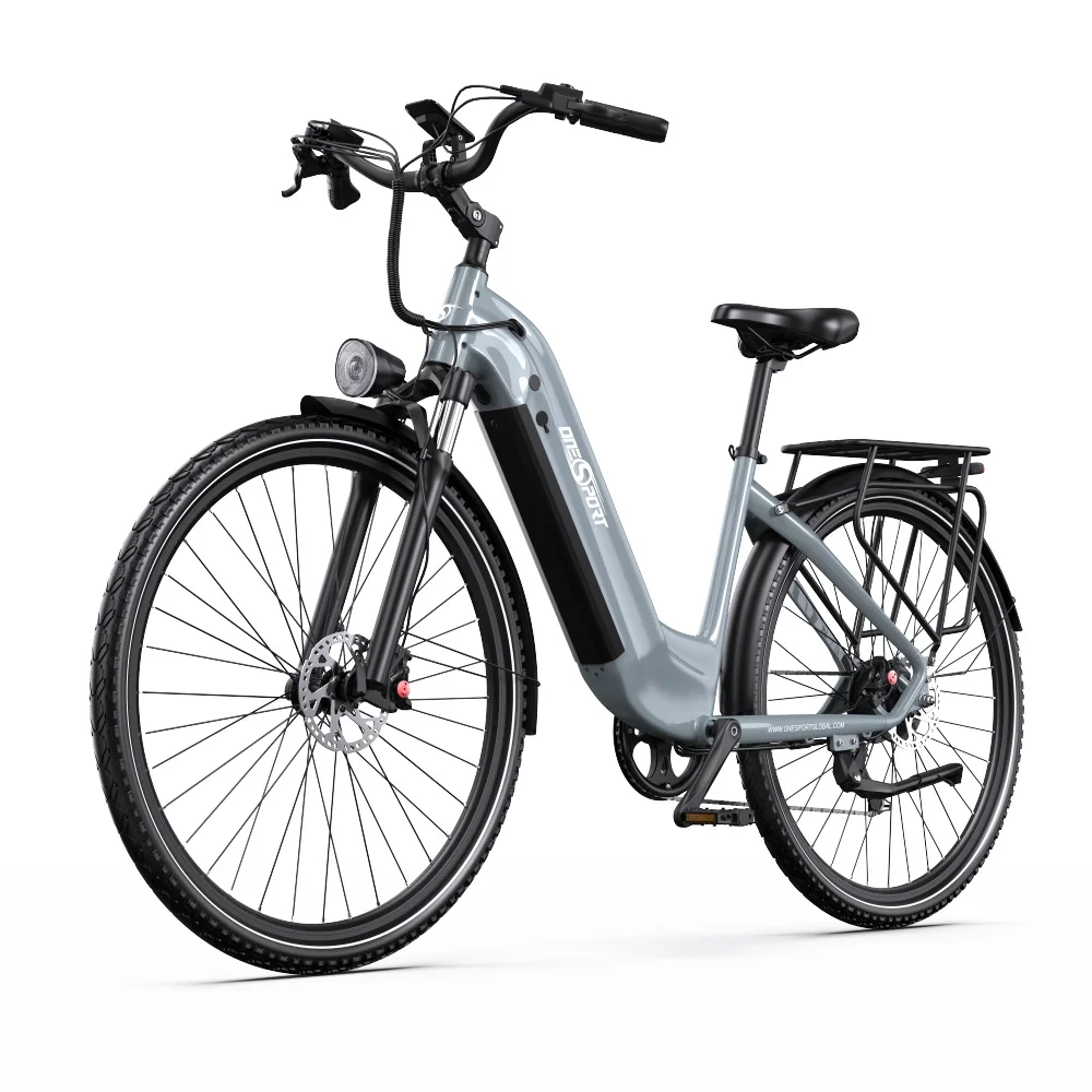 Graues Elektrofahrrad mit schwarzen Reifen, Scheinwerfer und Gepäckträger.