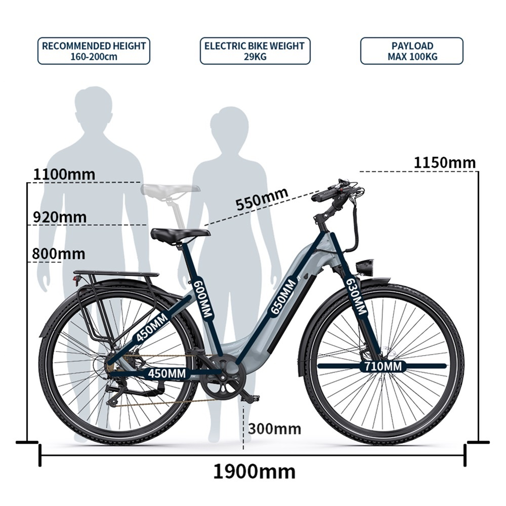 Elektrofahrrad mit überlagerten Abmessungen; Fahrrad mit Personensilhouette als Maßstab.