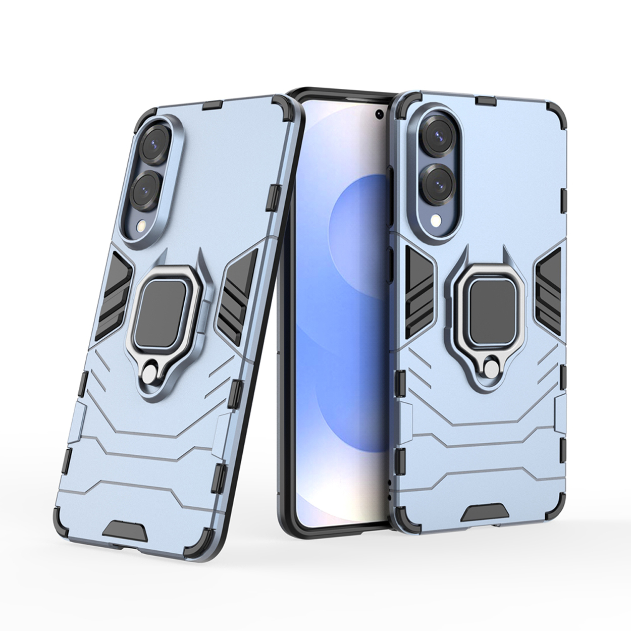 Blauwe telefoonhoes, met de telefoon erin. De hoes heeft een ringhouder en staat op een witte achtergrond.