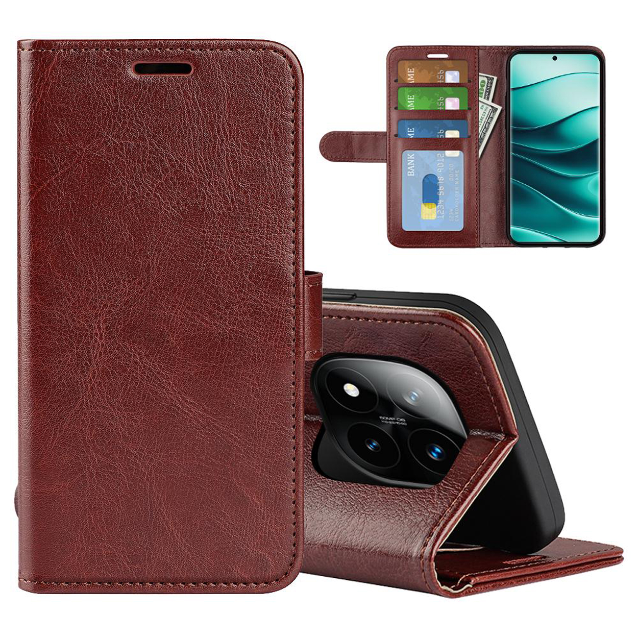 Étui de téléphone en cuir marron ouvert, montrant des fentes pour cartes de crédit et téléphone. Cartes et espèces visibles.
