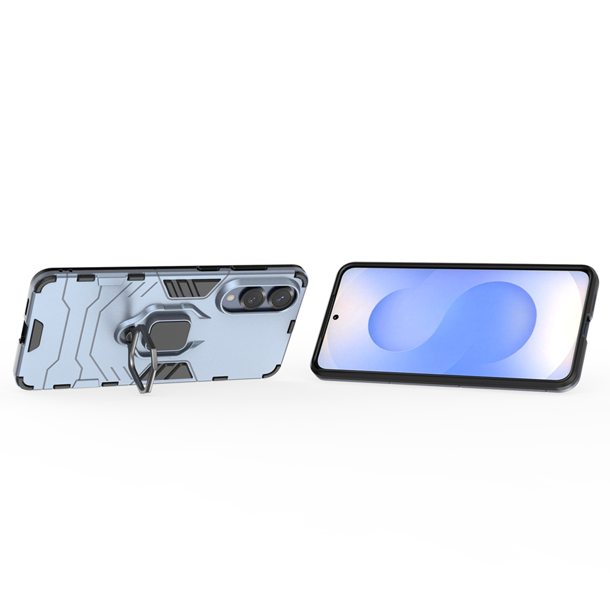 Twee telefoons; één in een blauwe hoes met ringhouder, de andere met het scherm weergegeven.
