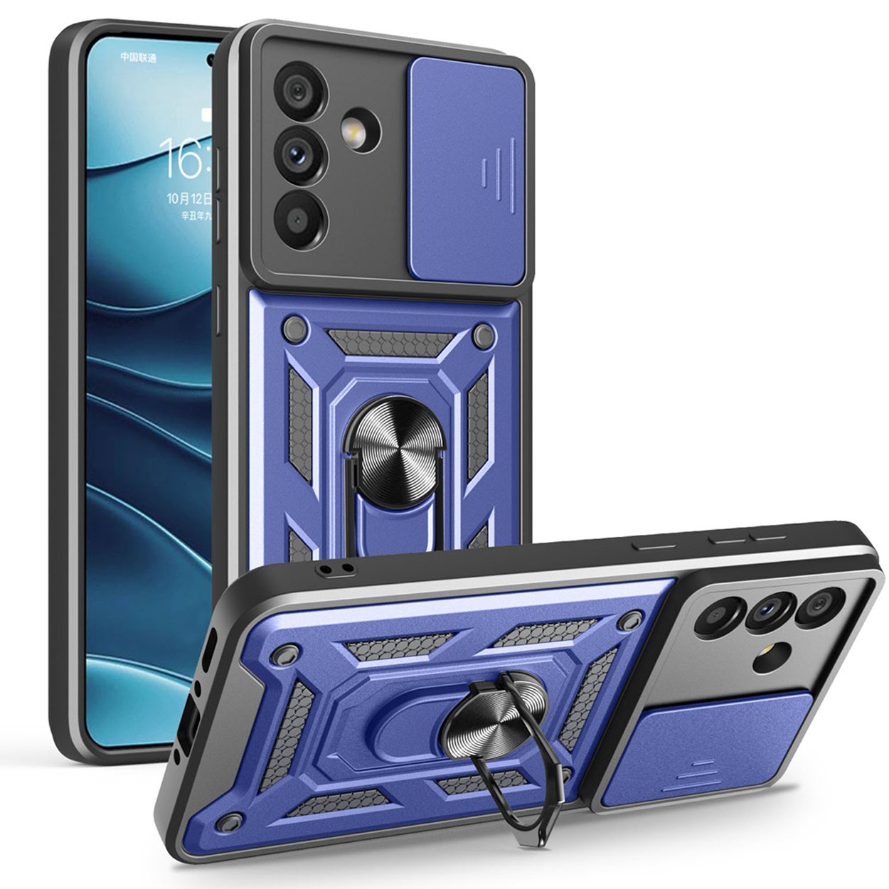 Blauwe telefoonhoes met zwarte accenten, ringhouder en camerahoes. Telefoon met zichtbaar scherm.