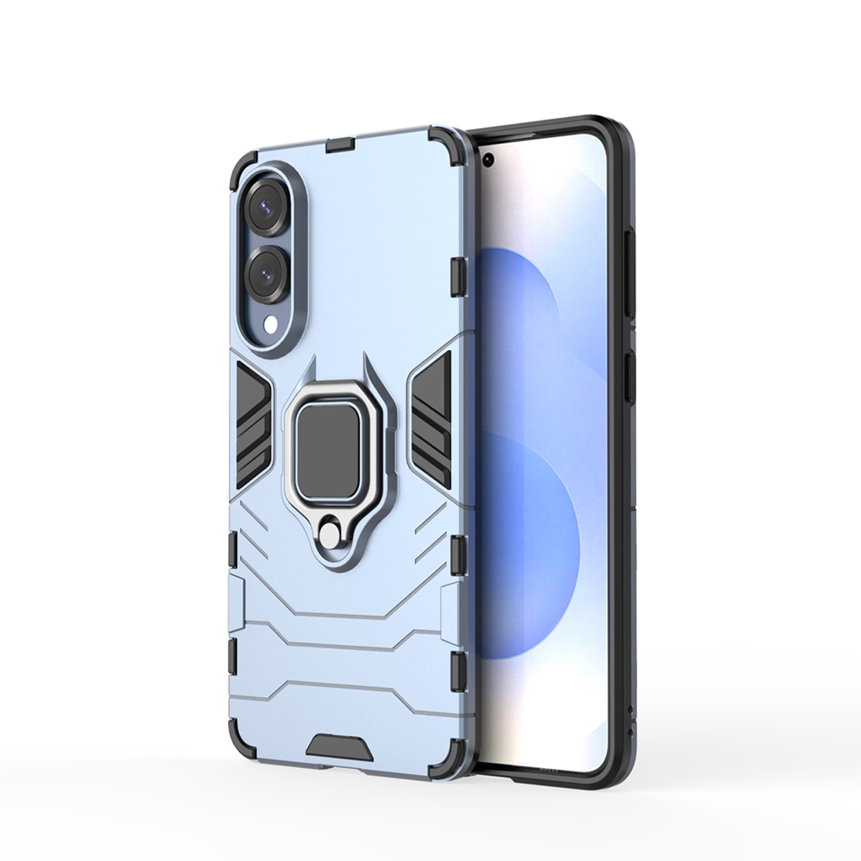 Lichtblauwe telefoonhoes met zwarte accenten en een ringhouder. Telefoon op witte achtergrond.