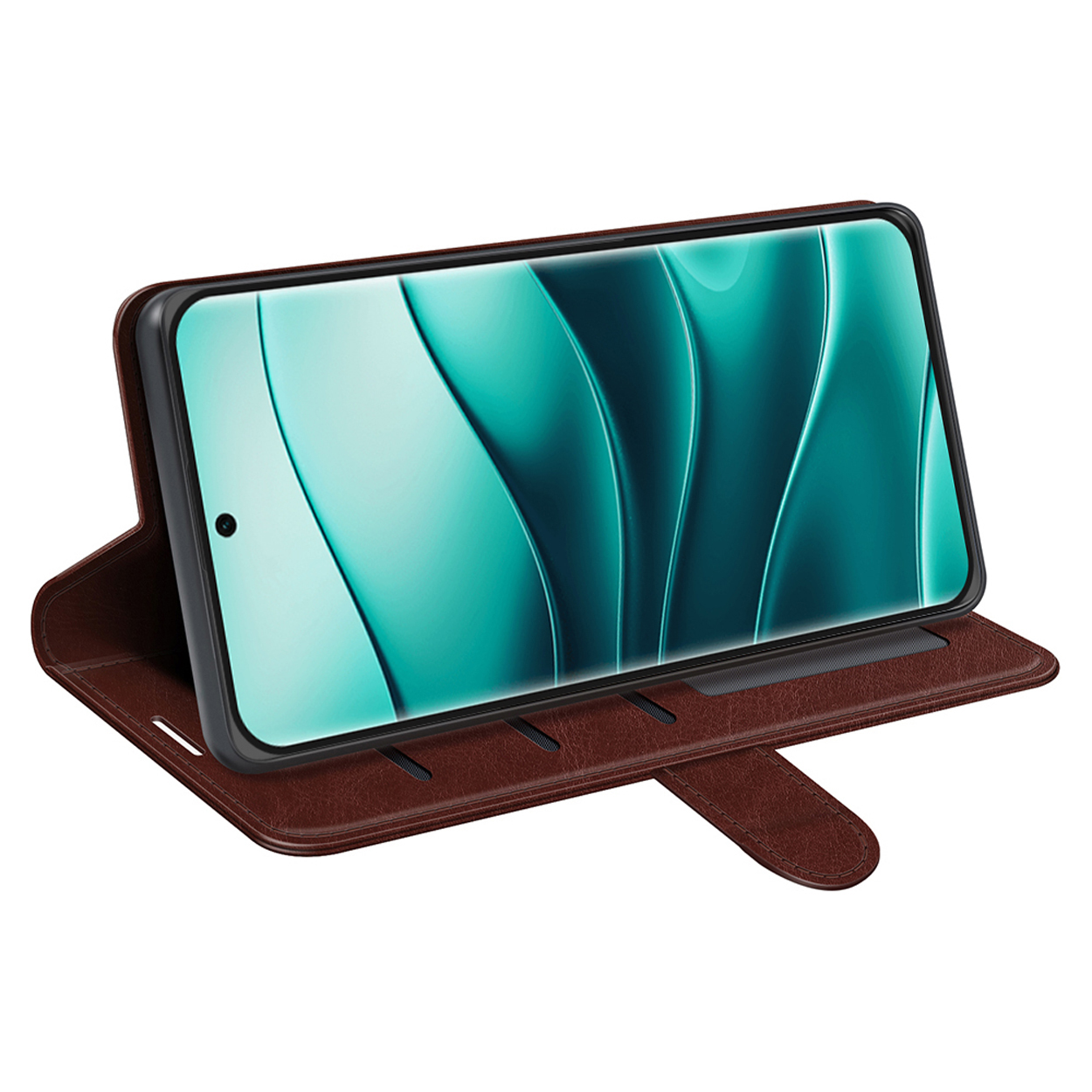 Étui de téléphone marron, ouvert, affichant un téléphone avec un fond abstrait vert et blanc.