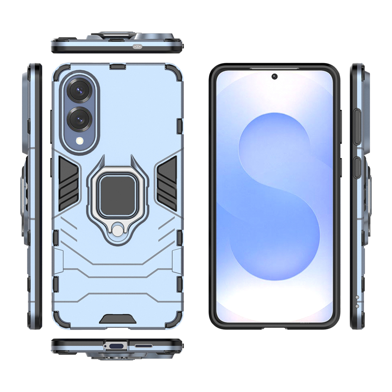 Lichtblauwe telefoonhoes met camera en ringhouder, telefoon rechts. Meerdere weergaven.