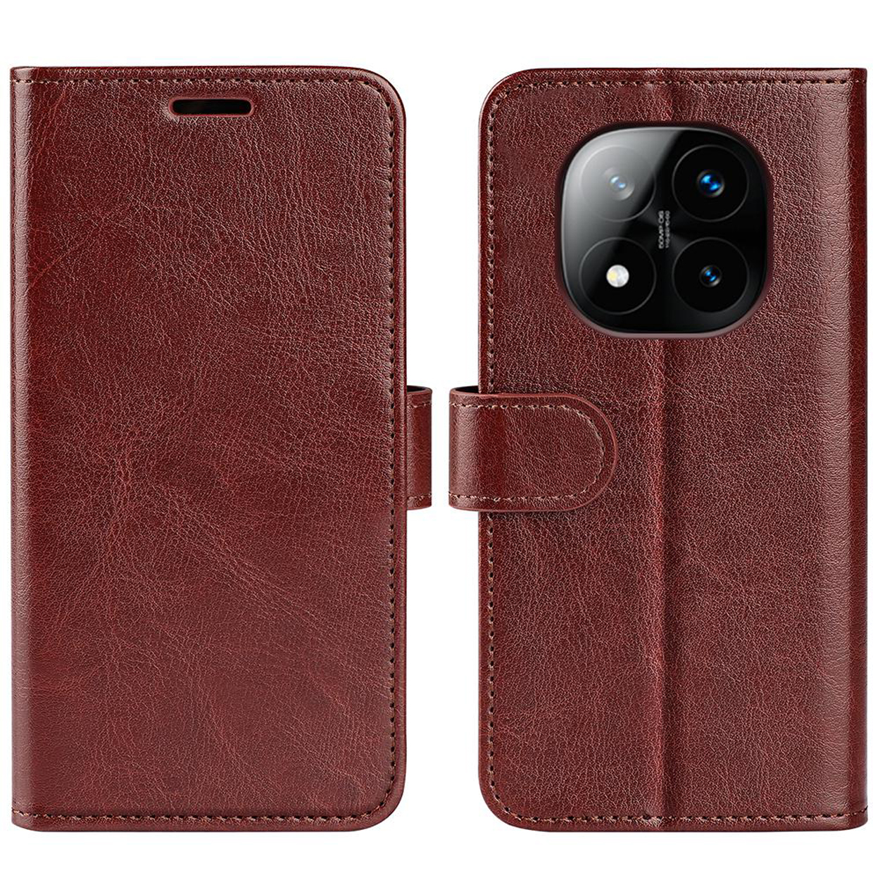 Étui de téléphone marron fermé avec découpe pour l'appareil photo. L'étui est fermé et possède une fermeture magnétique.