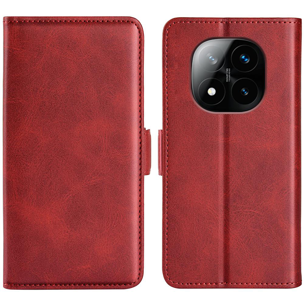 Rode leren telefoonhoes, open en dicht. Toont het camera gebied van de telefoon. Bevat kaartsleuven.