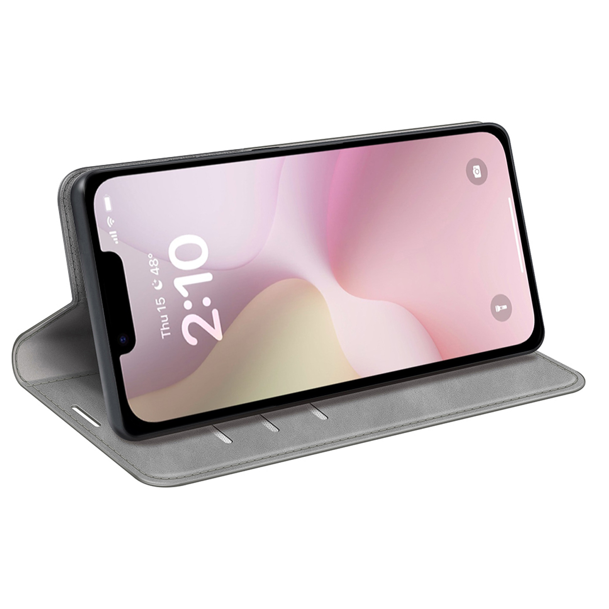 Grijze telefoonhoes met een telefoon. De telefoon toont de tijd als 2:10. De hoes is open.