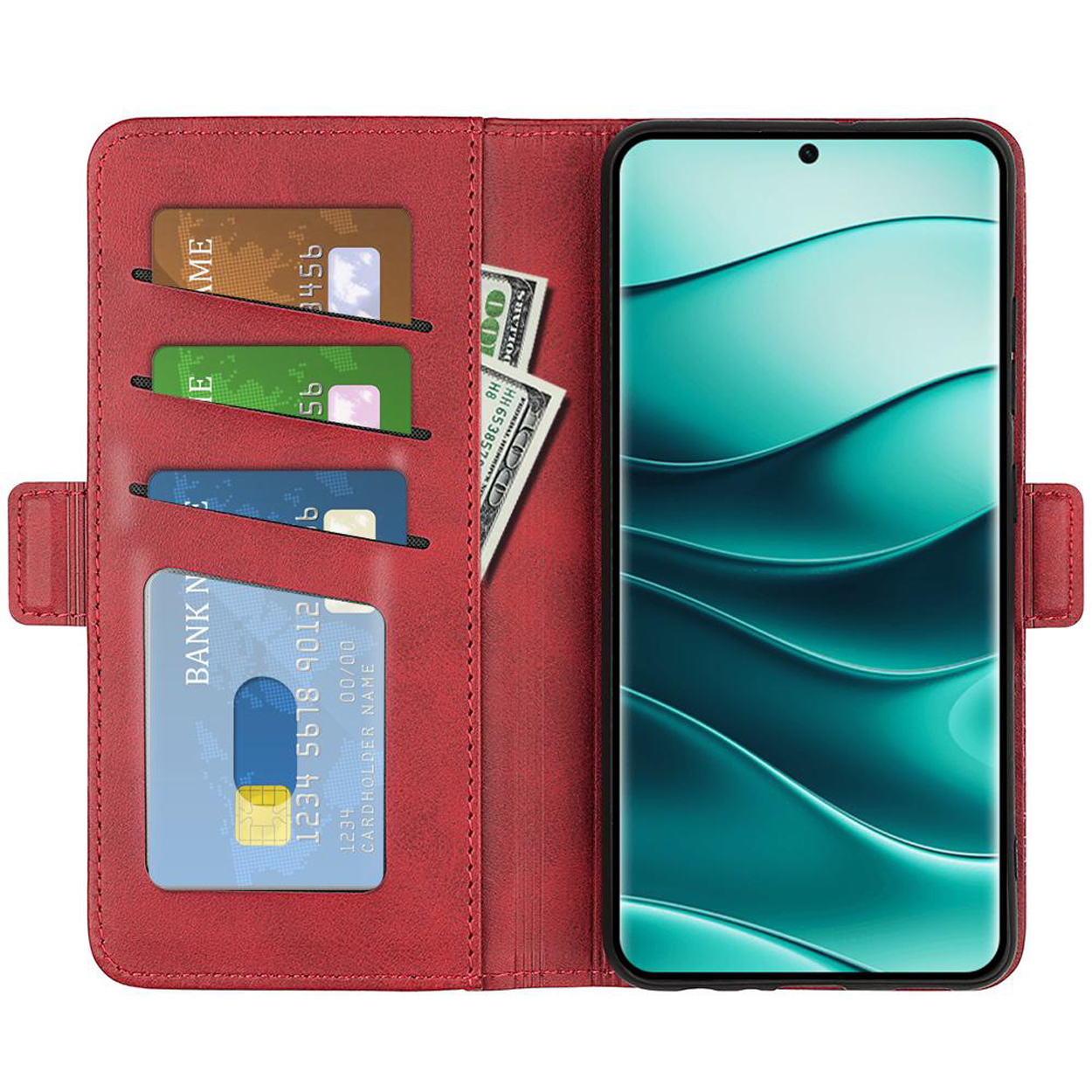 Rode leren telefoonhoes open met telefoon, creditcards en contant geld.
