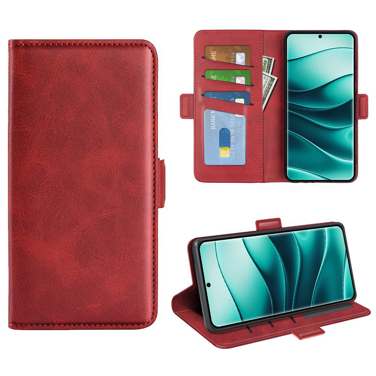 Bruine telefoonhoes open, met kaarten, geld en een telefoon. De telefoon heeft een groen scherm.