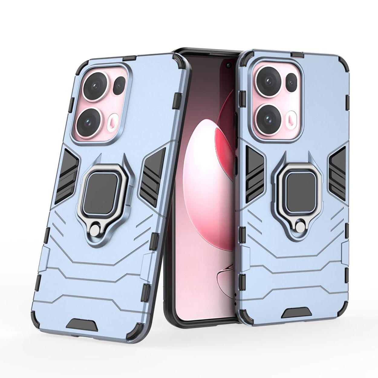 Coque de téléphone bleu clair avec caméra et anneau, téléphone à droite. Multiples vues.