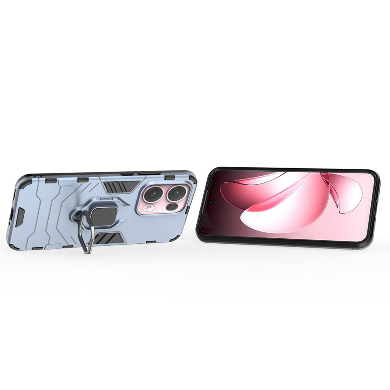Coque de téléphone bleu clair avec support de bague et téléphone. Écran du téléphone visible. Surface noire.