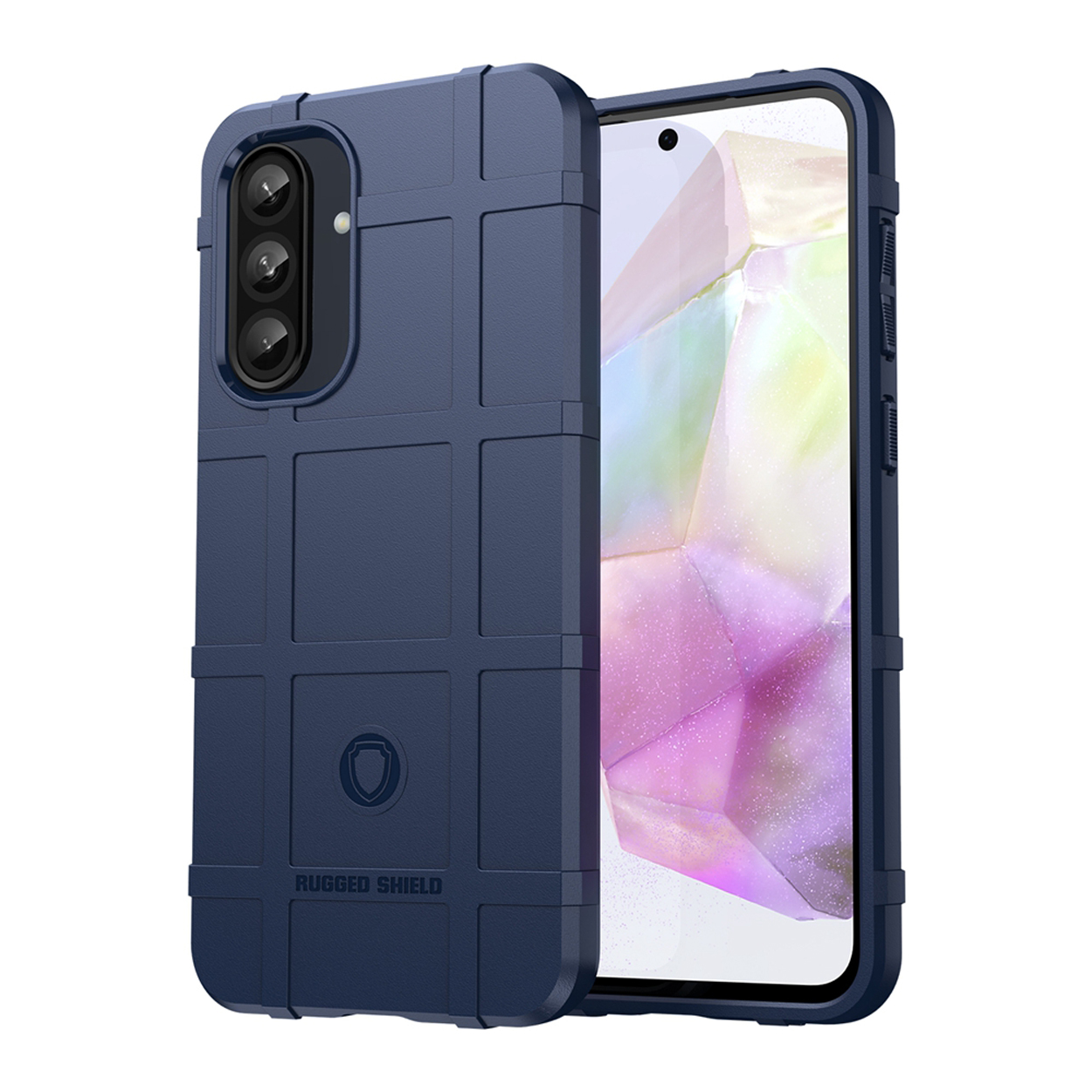 Blauwe robuuste telefoonhoes met telefoon. De hoes heeft een gestructureerd ontwerp. Witte achtergrond.