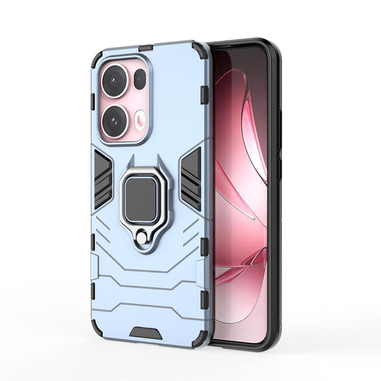 Coque de téléphone bleu clair avec caméra et anneau, téléphone à droite. Multiples vues.