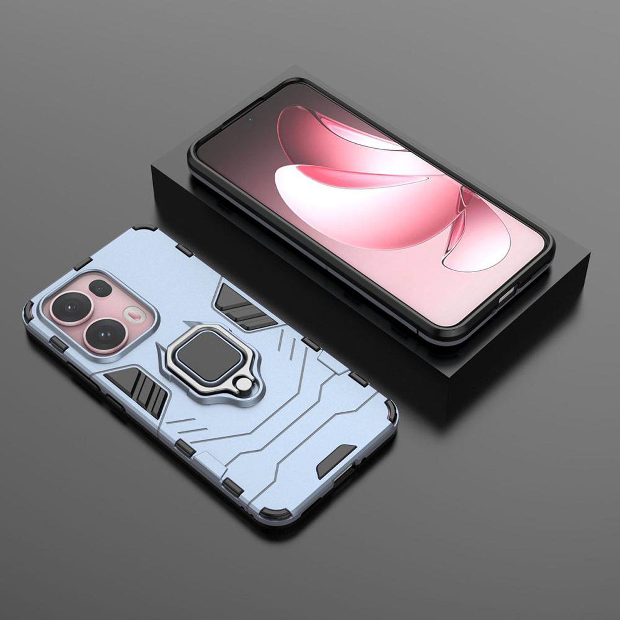 Coque de téléphone bleu clair avec support de bague et téléphone. Téléphone sur une surface noire. Fond noir.