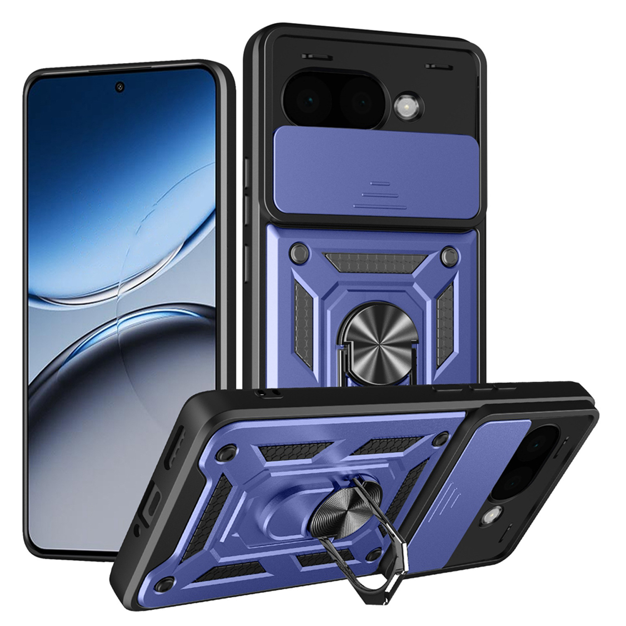 Blauwe en zwarte telefoonhoes met een ringhouder. Er wordt een telefoon naast de hoes getoond.