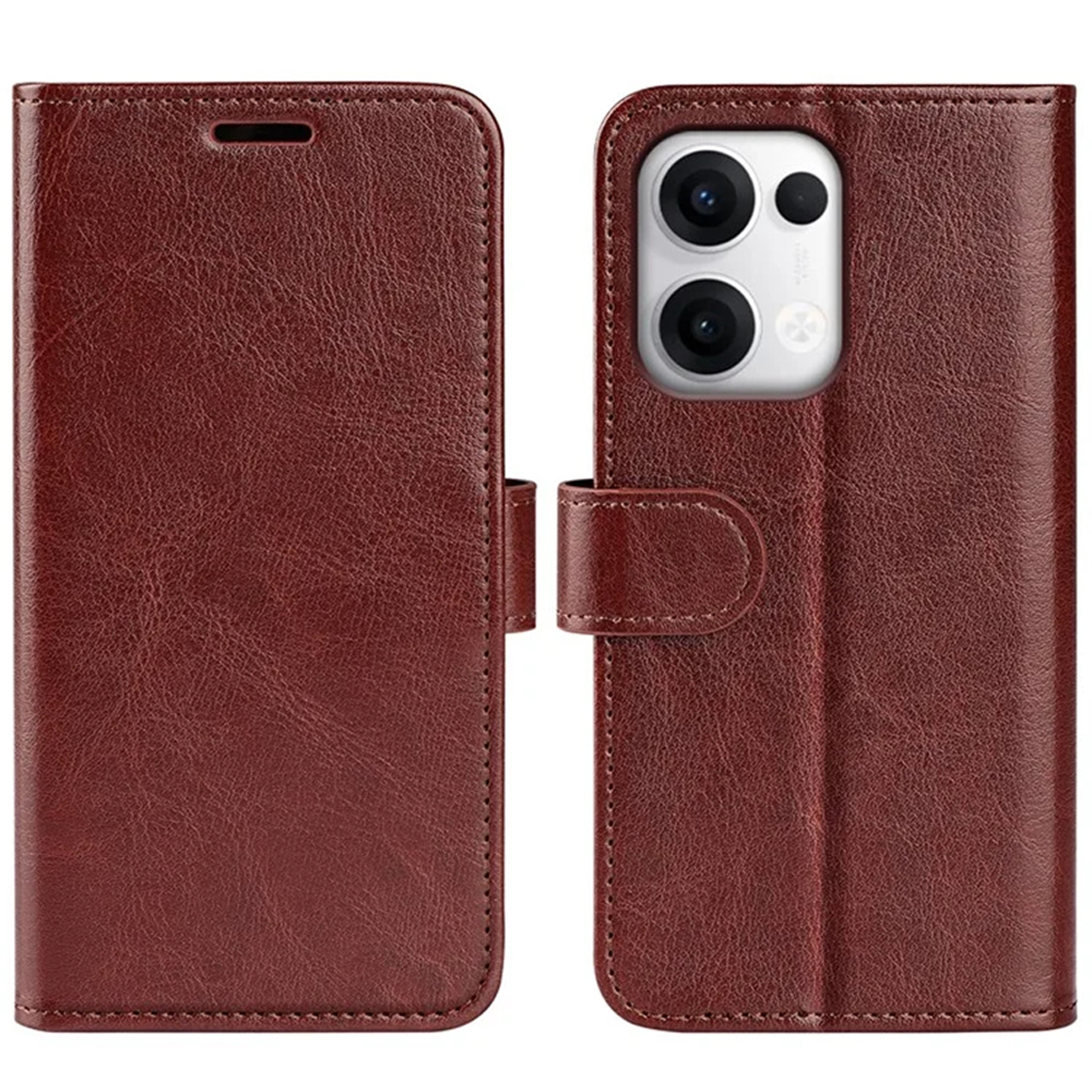Étui de téléphone en cuir marron, ouvert et fermé. Avec fentes pour cartes et fermoir magnétique.