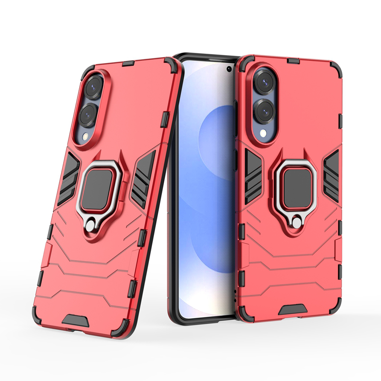 Rode telefoonhoesjes met een ringhouder. Een telefoon wordt tussen de hoesjes getoond.