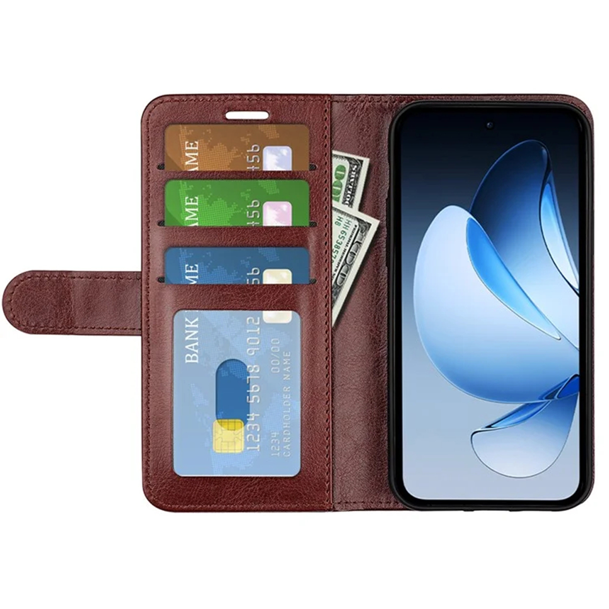 Étui de téléphone en cuir marron avec cartes et argent à l'intérieur. Un téléphone est visible.