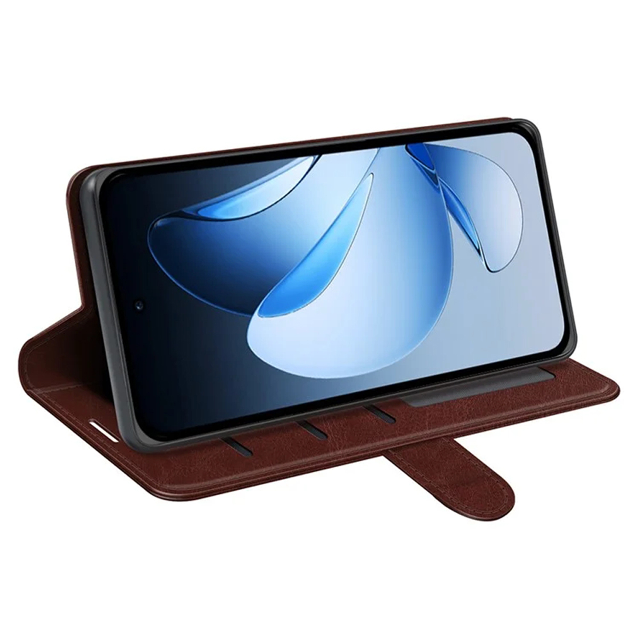 Étui de téléphone en cuir marron, ouvert pour révéler un téléphone. L'écran est allumé.