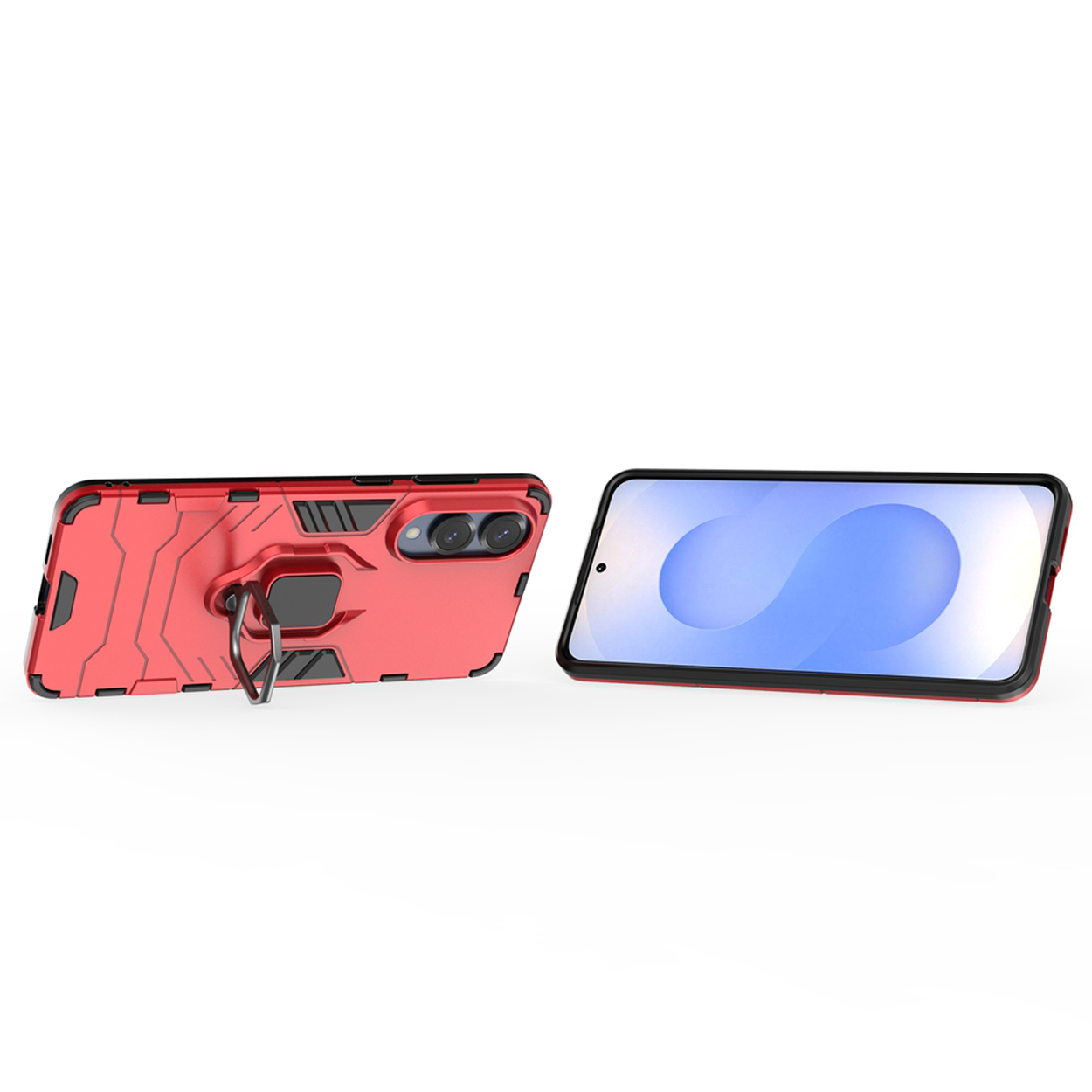 Rode telefoonhoes en telefoon. Hoesje heeft een ringhouder, telefoon heeft een blauwe achtergrond.
