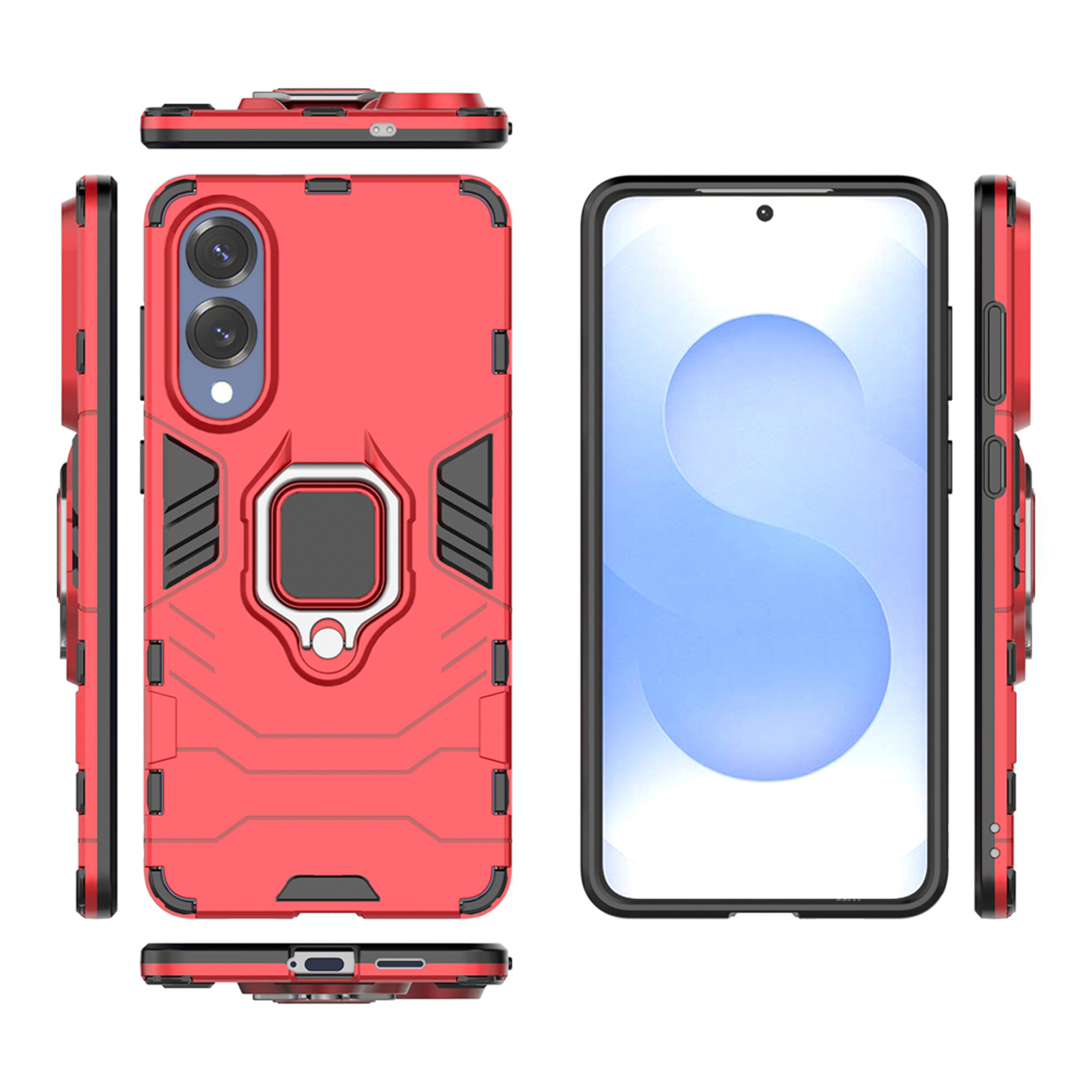 Rode telefoonhoes met een ringhouder en een telefoon. Verschillende hoeken.
