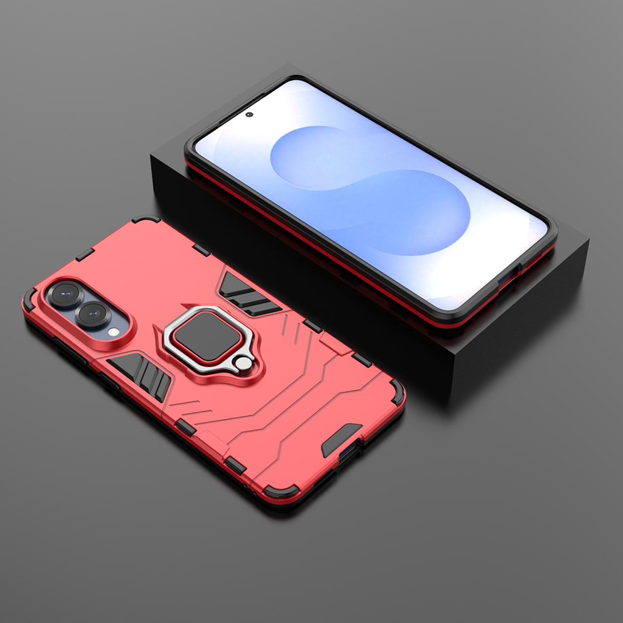 Rode telefoonhoes met ringhouder en een telefoon. De telefoon staat op een zwart oppervlak.