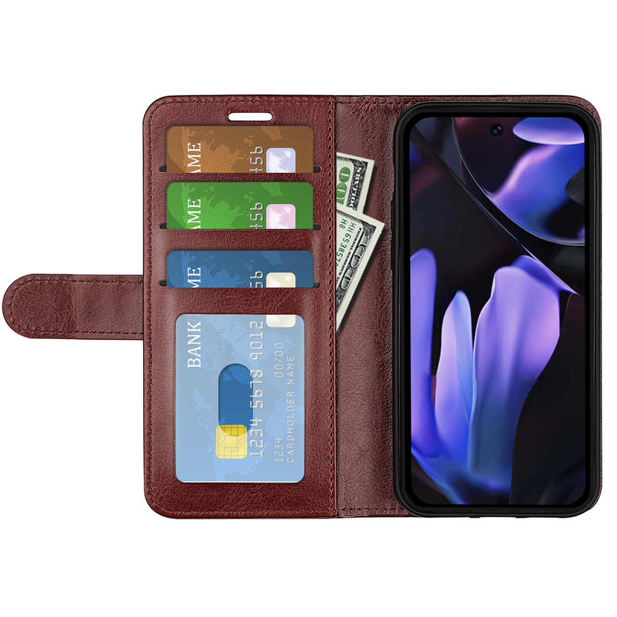 Bruine telefoonhoes met creditcards en contant geld. Telefoon zit erin.