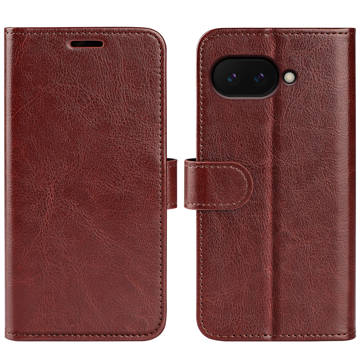 Bruine leren telefoonhoes, gesloten en open. Heeft een magnetische sluiting.