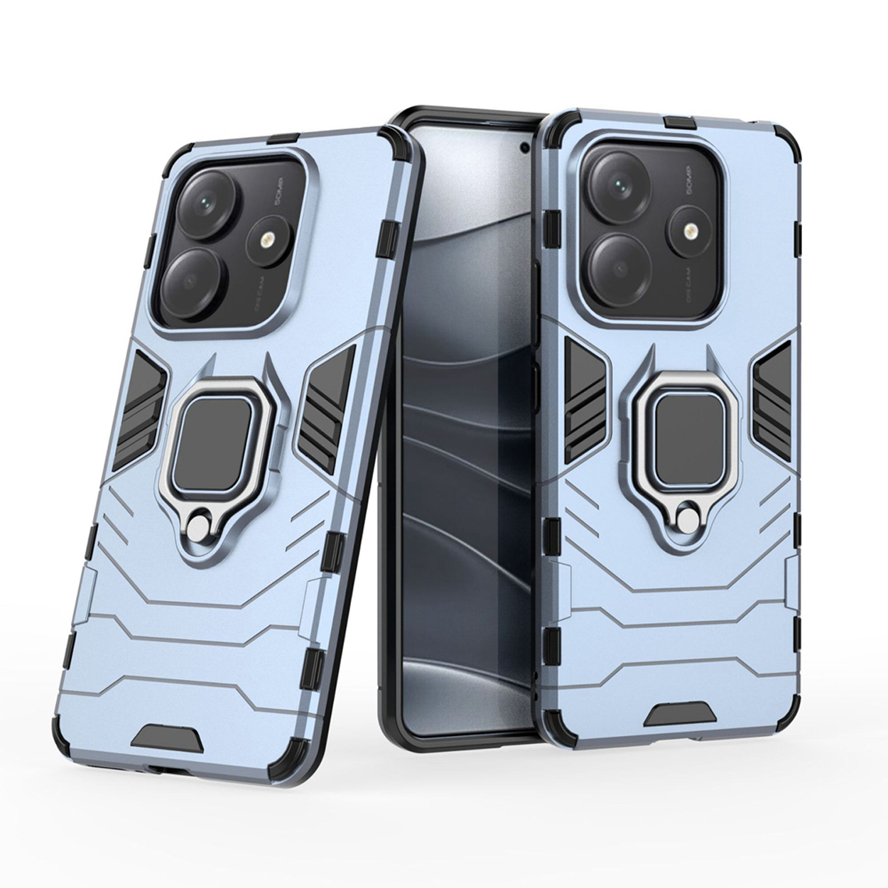 Lichtblauwe telefoonhoesjes, met zilveren ringhouders op de achterkant.
