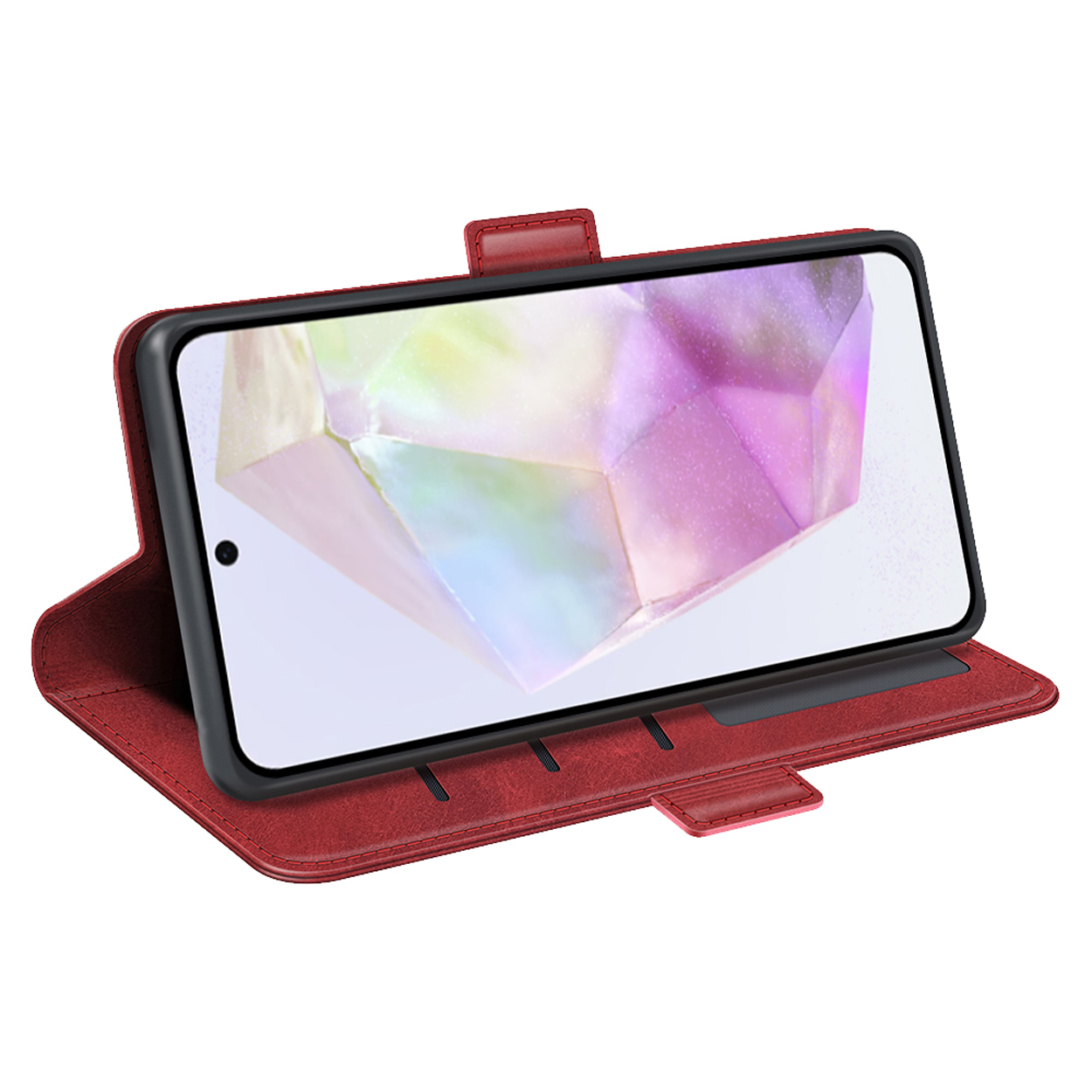 Rode telefoonhoes met telefoon erin. De telefoon staat op de zijkant.