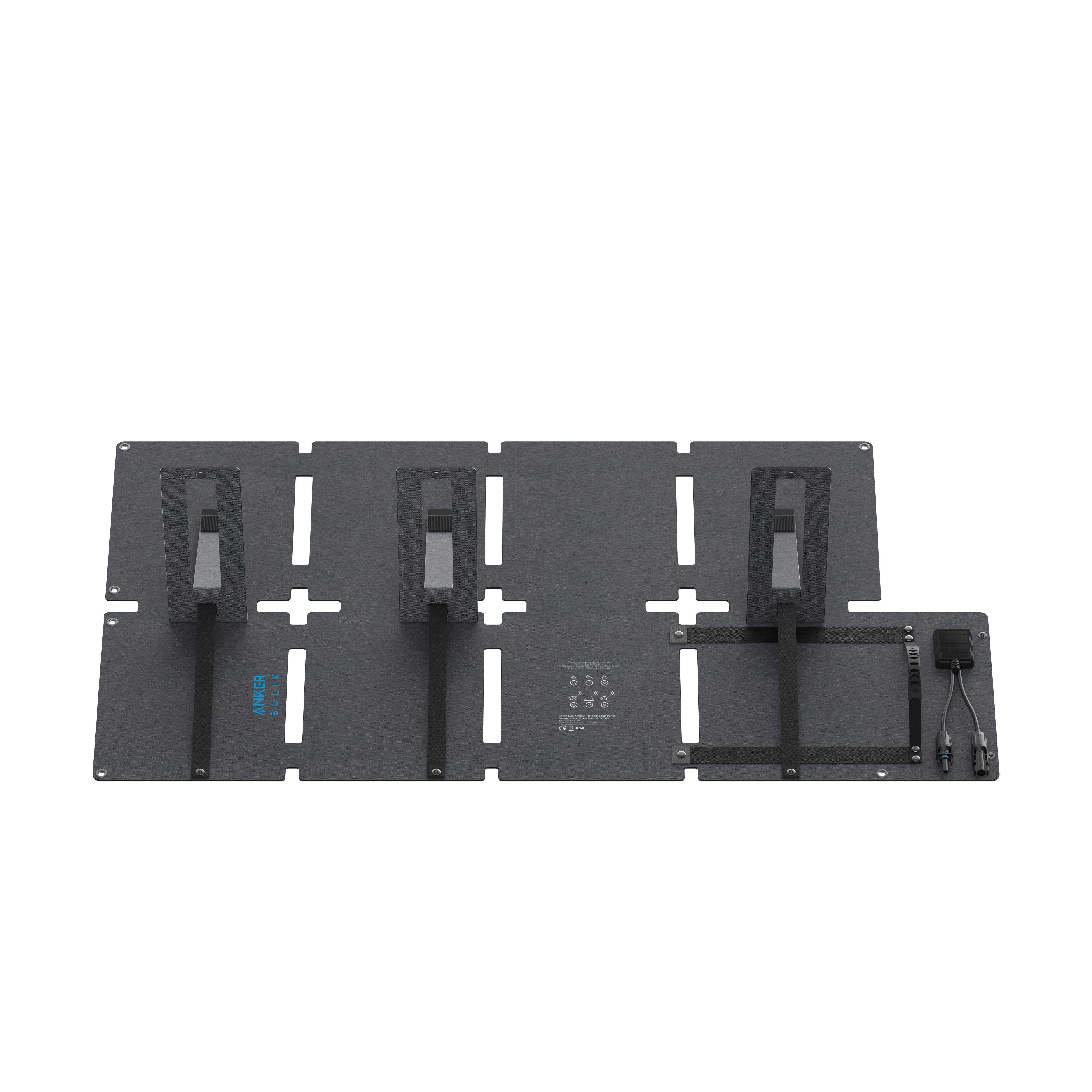 Składany panel słoneczny z trzema sekcjami, etykietą marki i okablowaniem na białym tle.