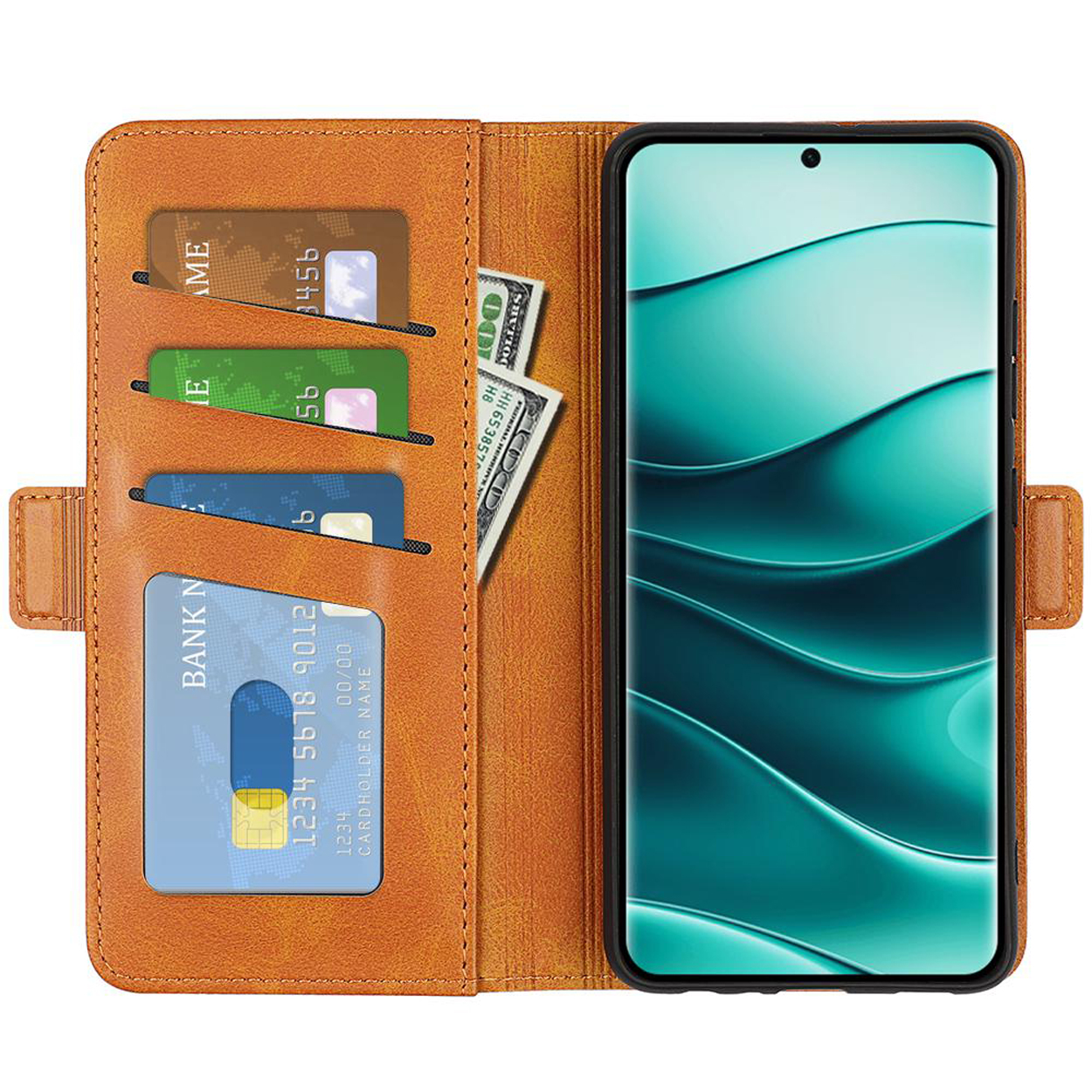 Oranje leren telefoonportemonnee open om kaarten, contant geld en een telefoon met een turkoois scherm te laten zien.
