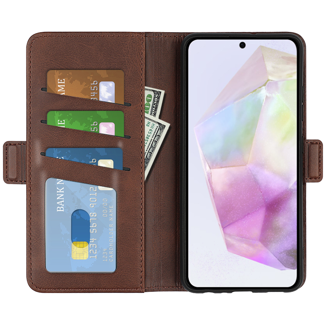 Bruine leren telefoonhoes open met kaarten en geld. Een telefoon toont een kleurrijk beeld.