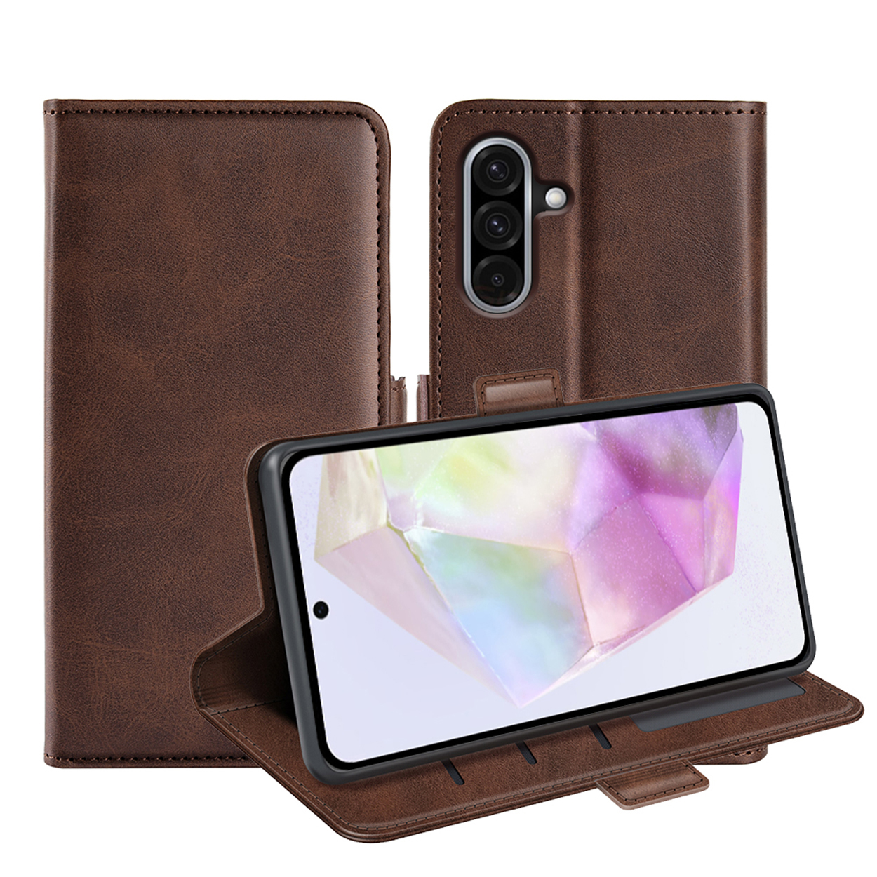 Bruine leren telefoonhoes open met telefoon erin. De telefoon toont een kleurrijk beeld.