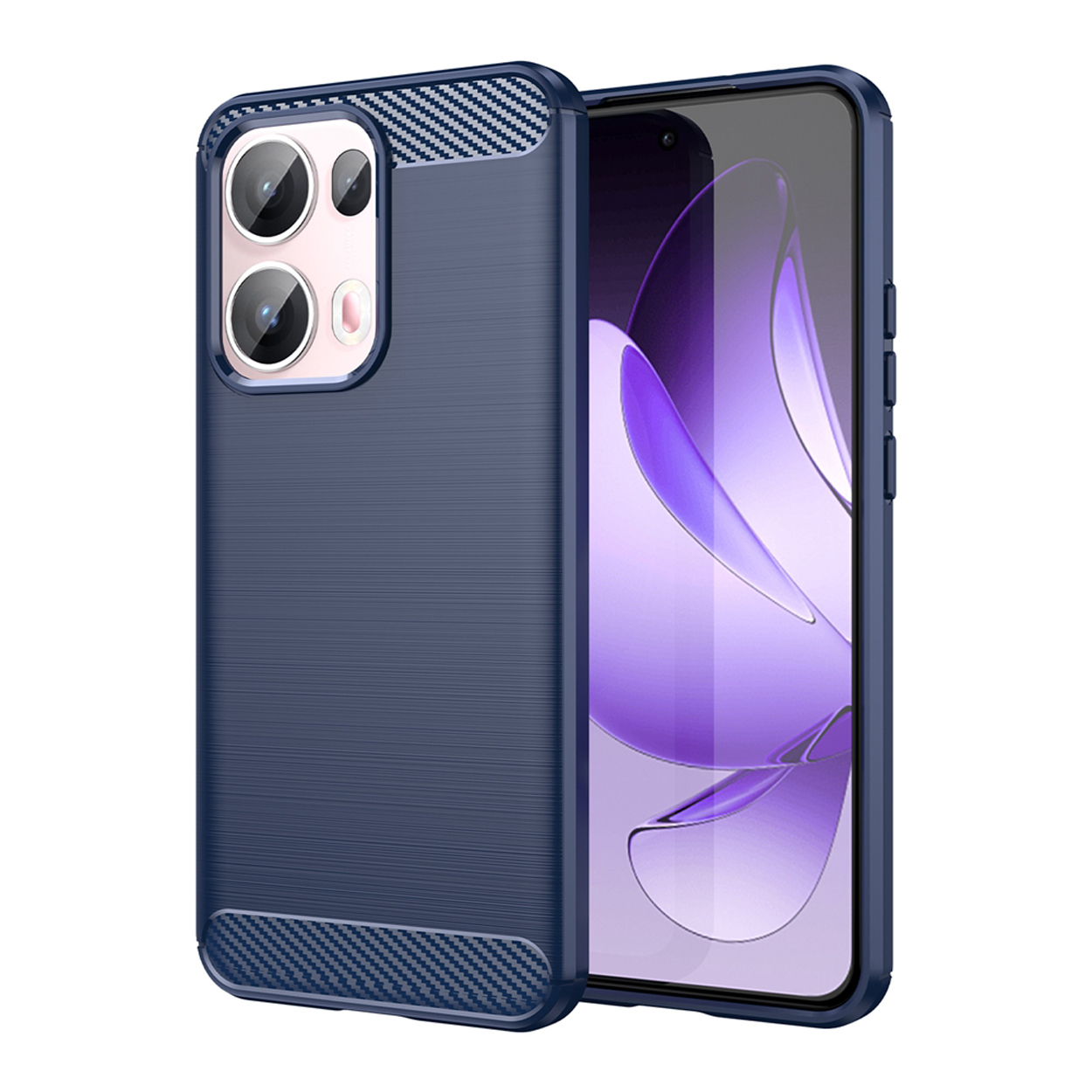 Marineblauwe telefoonhoes, met een gestructureerd patroon en een telefoon erin die een paarse afbeelding toont.