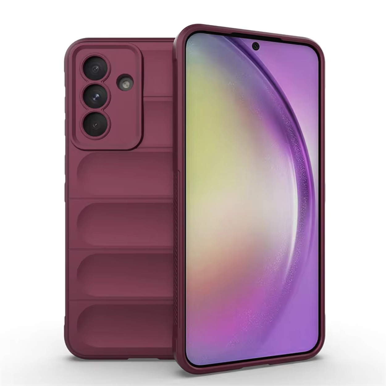 Bordeauxrode telefoonhoes met telefoon erin. Met camera-uitsparing en scherm.