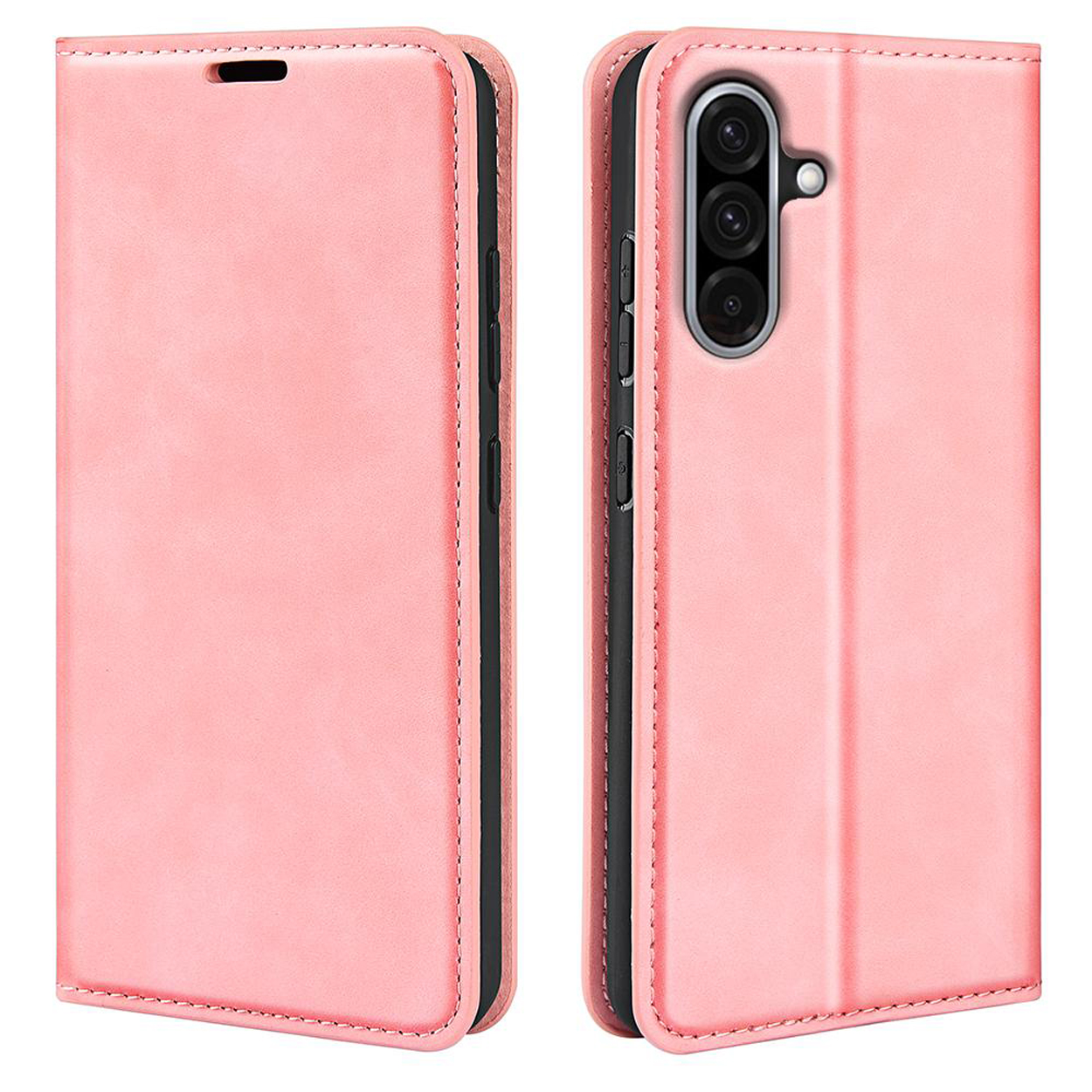 Étui de téléphone en cuir rose, fermé et ouvert. L'étui ouvert révèle la caméra du téléphone.
