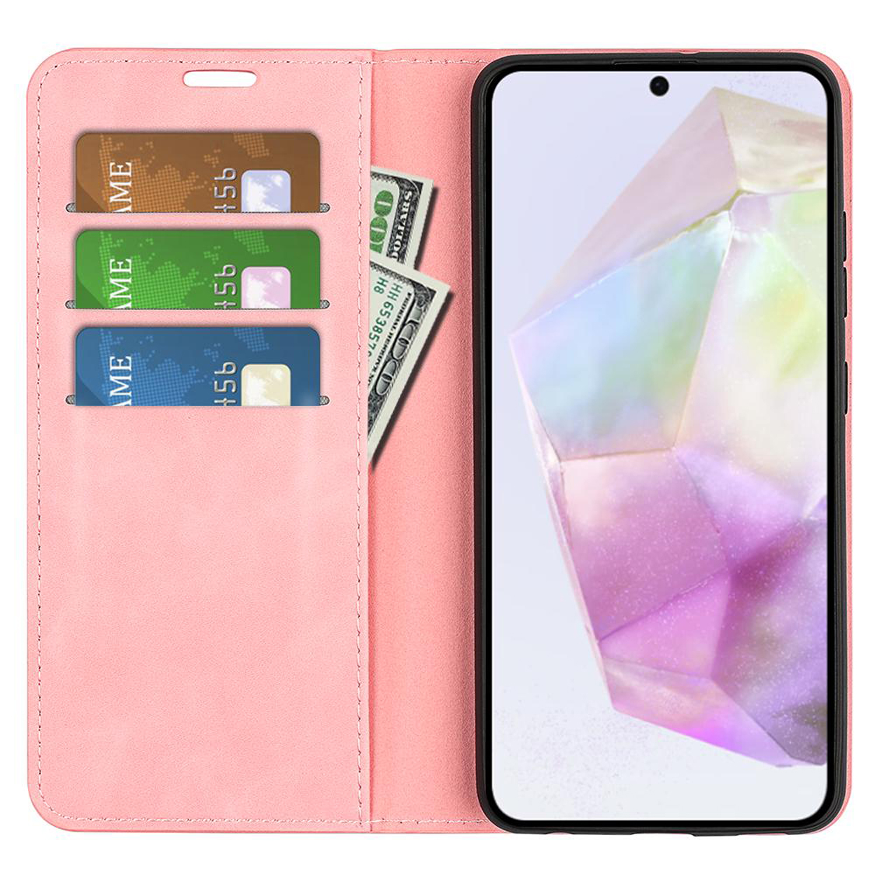 Étui de téléphone rose, vue intérieure. Cartes et argent dans les poches, écran visible.