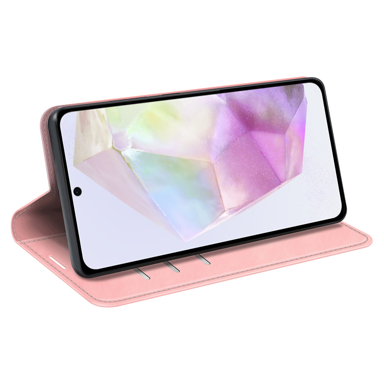 Coque de téléphone rose avec téléphone. Écran visible, coque ouverte.