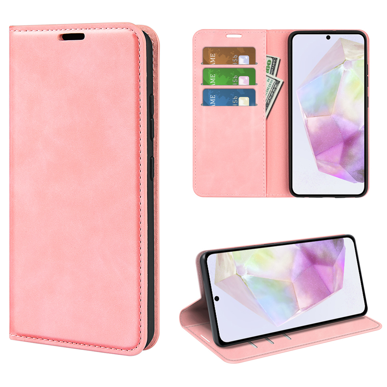 Coque de téléphone rose avec multiples vues: fermée, ouverte avec cartes/argent, téléphone.