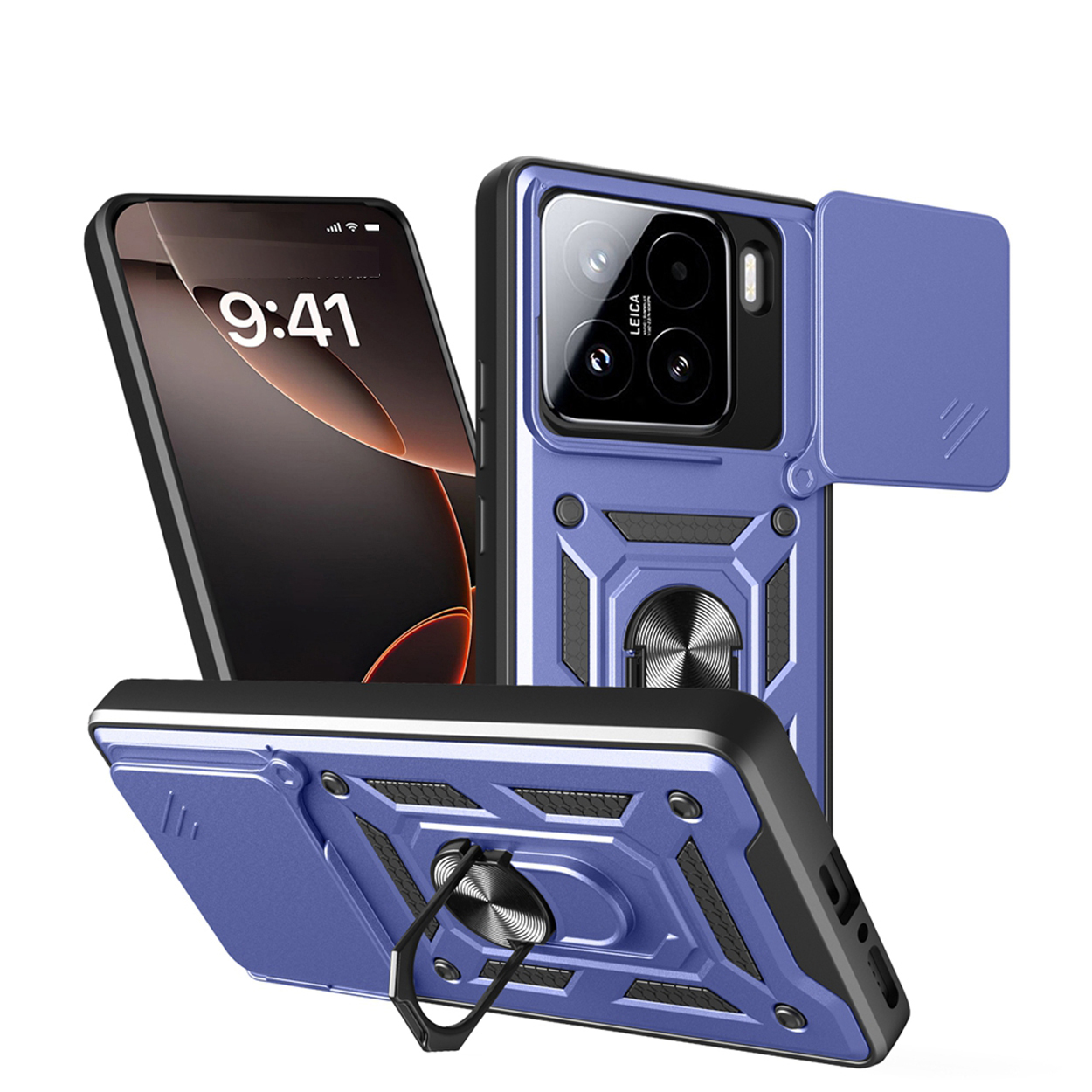 Een paarse telefoonhoes met een telefoon en een hoes. Een telefoon wordt in de hoes weergegeven.
