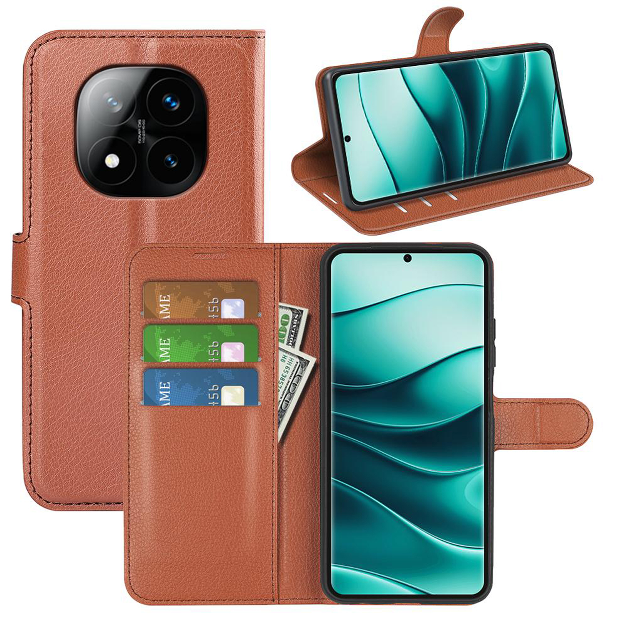 Étui de téléphone en cuir marron avec fentes ouvertes pour cartes et espèces. Un téléphone est affiché dans l'étui.