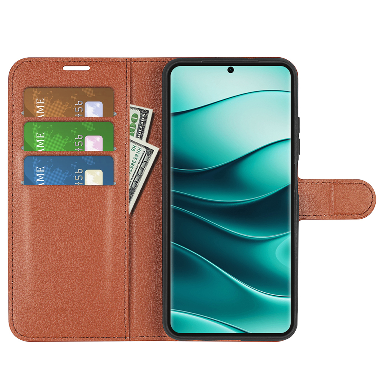 Étui de téléphone en cuir marron avec fentes ouvertes pour cartes et espèces. Un téléphone est affiché dans l'étui.