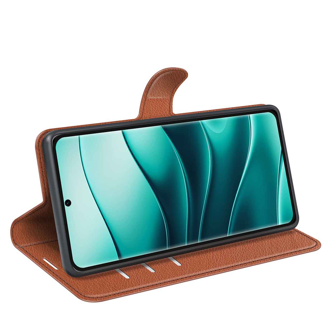 Étui de téléphone en cuir marron avec un téléphone sur l'écran. L'écran affiche l'écran du téléphone.