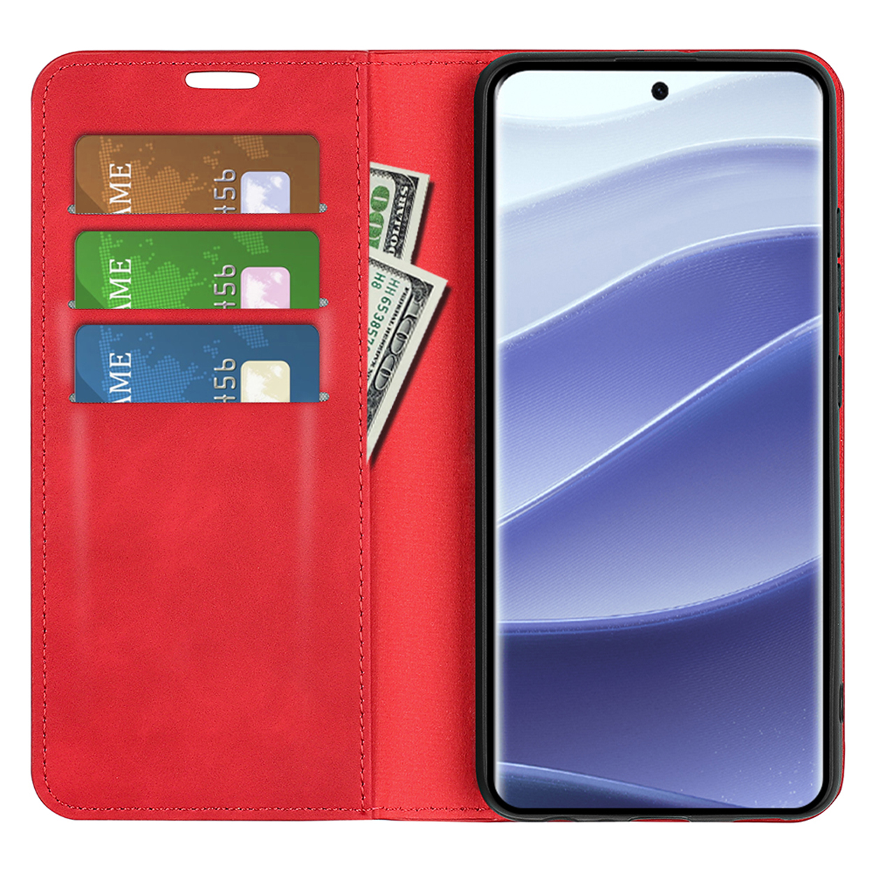 Rode leren telefoonhoes met open sleuven voor kaarten en contant geld. Een telefoon wordt in de hoes weergegeven.