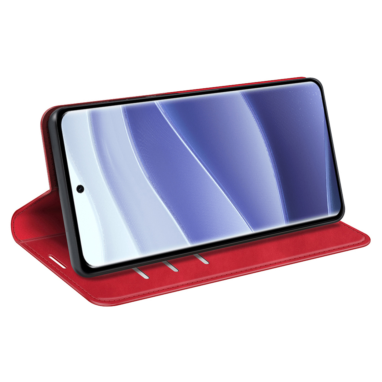 Rode telefoonhoes met een telefoon erin. Het telefoonscherm toont een blauwe achtergrond. Hij is open.