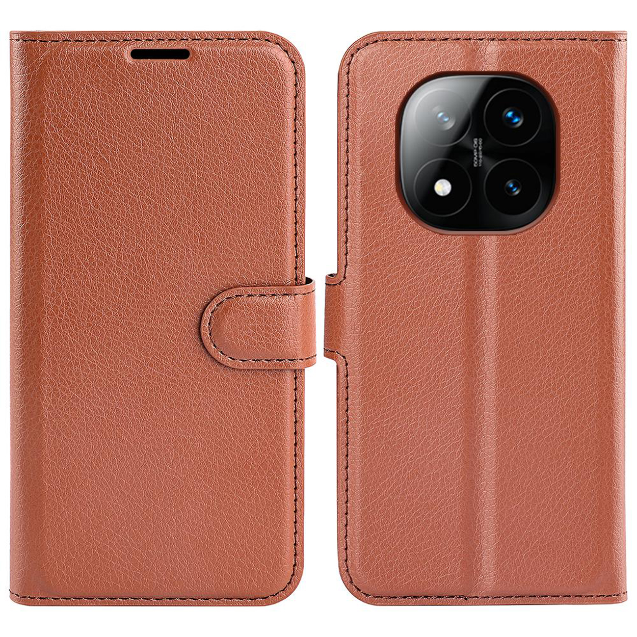 Étui de téléphone en cuir marron fermé, montrant le design de l'appareil photo à l'arrière.