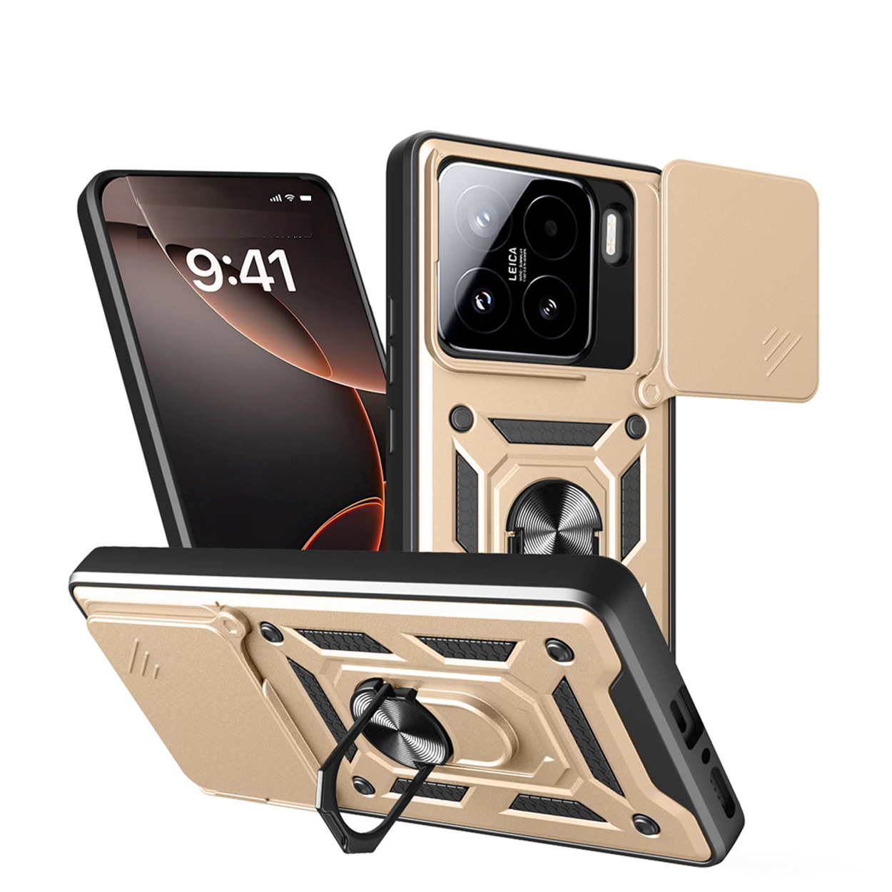 Gouden en zwarte telefoonhoes met camera cover en ringstandaard. Telefoon links.