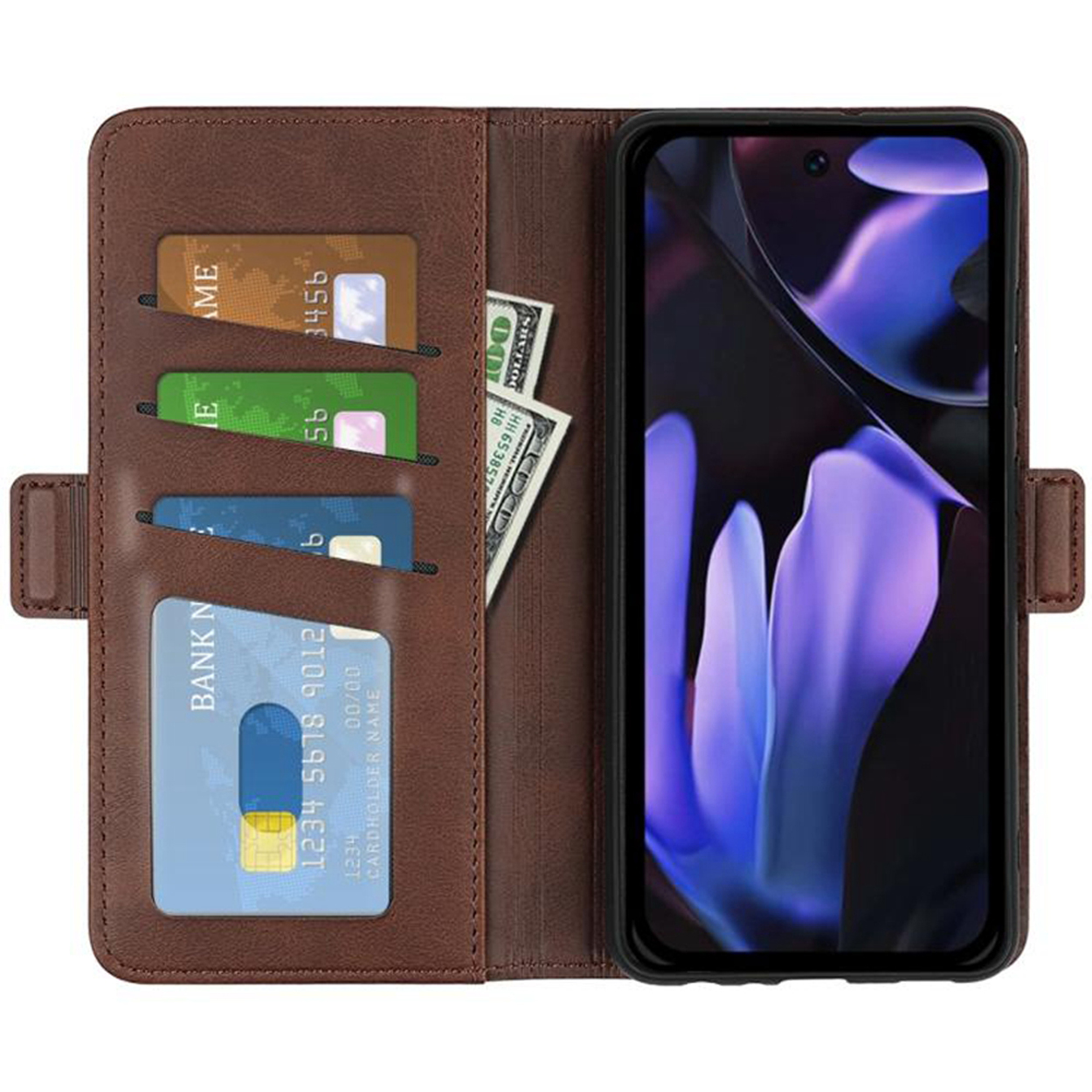 Bruine telefoonhoes met kaarten en geld, telefoon toont paarse en blauwe afbeelding.